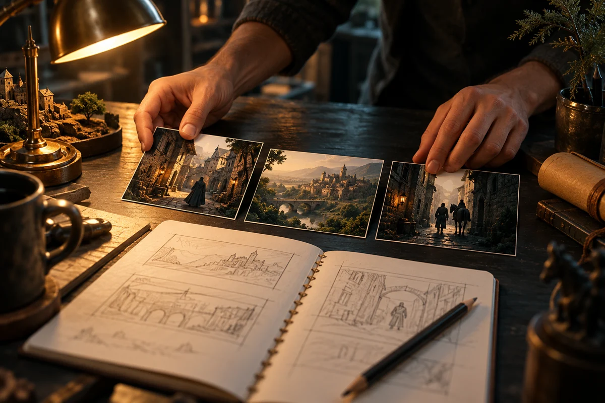 تخطيط فكرة الفيلم ببطاقات القصة على مكتب الإنتاج